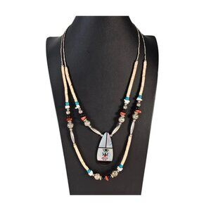 Hopi Crown Dancer Double Strand Necklace Turquoise Sterling Silver 26"